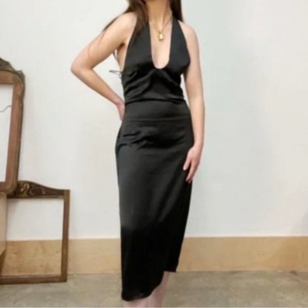Jason Wu Satin Plunging Neckline Halter Midi Black Satin Dress NWT Sz S